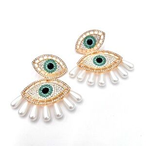 Gold Green Eye Earrings Post